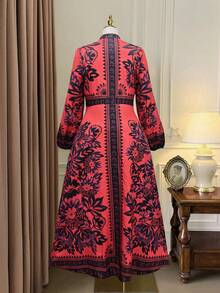 SHEIN Clasi 大码女式V领长袖碎花优雅连衣裙 - 酒紅色 - 查看 2