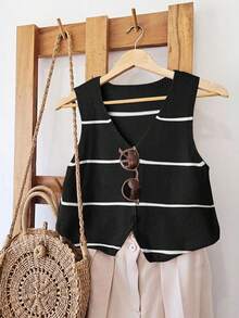 EMERY ROSE Áo len dệt kim không tay họa tiết sọc tối giản, rộng rãi dành cho nữ - màu đen - Xem 4