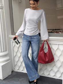 EMERY ROSE Áo sơ mi nữ cổ thuyền tay loe dài màu trơn nhún bèo thời trang đa năng - Màu Xám nhạt - Xem 4