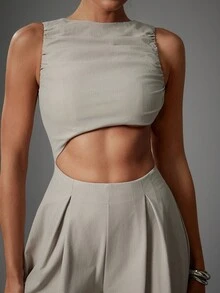 SHEIN Haute 性感休闲纯色船领褶皱镂空腰部阔腿连体裤 - 卡其色 - 查看 2