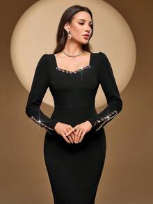 Modelyn Elegantes französisches Perlen- & Strass-verziertes, vintage, luxuriöses, farbiges Strass-Dekor, quadratischer Kragen, Langarm, dehnbar, tailliert, schlanker, eleganter Luxus-Pendler-Kleid für Frauen - Schwarz - Übersicht 1