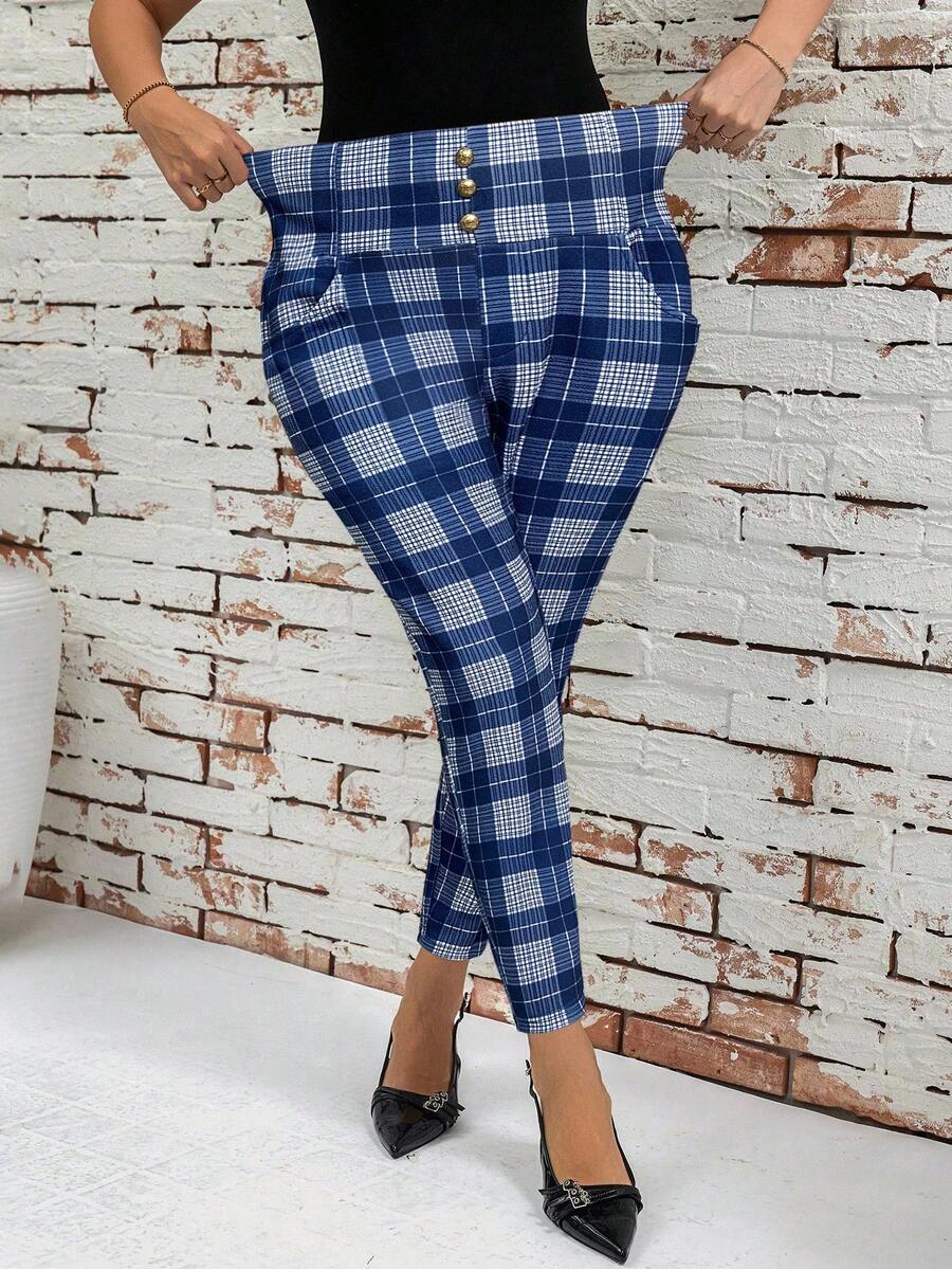 SHEIN Clasi Plus Size Fashionable Plaid Slim Fit Pants - Blue and White - View 1
