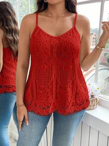 Reflora 大码优雅纯色蕾丝吊带背心 - 紅色 - 查看 7