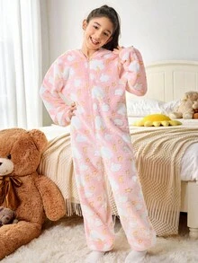SHEIN Tween Girl Cute Bear Ear Hooded Star & Moon Print Cozy Fleece Pajamas, Pink - Baby Pink - View 5