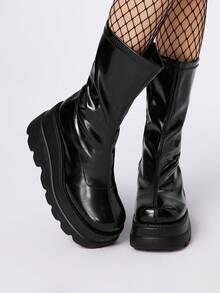 ROMWE Goth 女士2024秋冬新款圆头黑色朋克厚底一脚蹬踝靴 - 黑色 - 查看 2