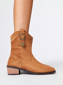 Styleloop 棕色西部牛仔靴，一脚蹬刺绣及膝马靴，低跟皮革摩托车靴，女式中筒靴，适合万圣节、圣诞节、秋季 - 棕色 - 查看 4