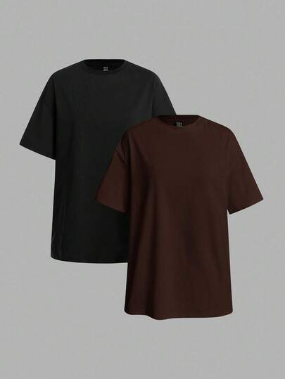 SHEIN BASICS 2pcs Casual Solid Color Knit Round Neck Loose Fit Women T-Shirts,Brown Top