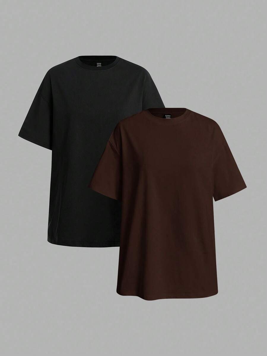 SHEIN BASICS 2件套休闲纯色针织圆领宽松女式T恤 - 咖啡棕 - 查看 1
