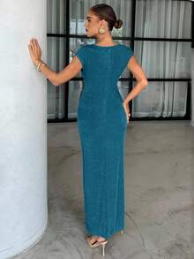 Lavishia 夏季杏色闪亮雪纺圆领短袖时尚金属装饰修身连衣裙女 - 水鴨藍 - 查看 2