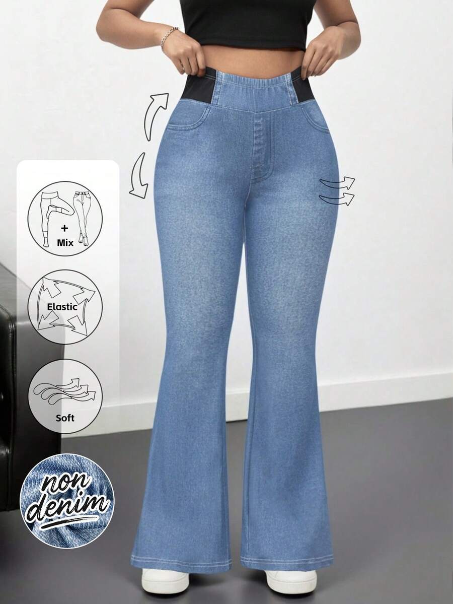 EMERY ROSE ‌Plus Size Women's Stretch Flare Pants - Faux Denim Print Wide Leg Trousers Non-Jeans For Fall Winter Office Halloween Party