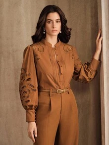 Anewsta Women's Elegant Halloween & Christmas Hollow Out Embroidered Solid Color Long Sleeve Loose Blouse, Autumn/Winter - Khaki - View 7