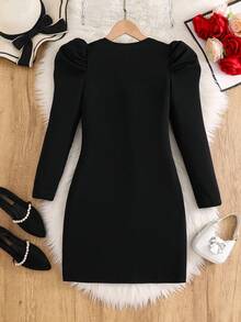 Sparklyn Girls' Black Square Neck Dress With Puff Sleeves, Fitted Silhouette With Zipper Front And 3D Floral Decor, Unique Cut And Tailored Design, Fashionable, Elegant And Playful, Suitable For Any Occasion Fall Winter - Black - View 2