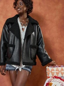 EURMUSE Áo khoác nữ thời trang, lót vải Teddy bên trong bằng da PU, cỡ lớn, mặc thường ngày khi đi làm - màu đen - Xem 5