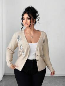 Elenzga Plus Size Fitted Sequin Elegant Sophisticated Cardigan Sweater - Apricot - View 8