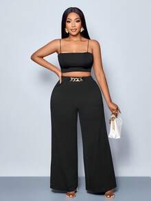 SHEIN Tall CURVE 大码女式纯色腰带金属扣细节阔腿裤，短裤，四季风格，派对，音乐会，通勤日常风格，音乐节，浪漫，情人节，度假，春夏宽松裤 - 黑色 - 查看 3