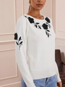 Lilora Women's White Floral Soft Pullover Sweater For Autumn,Elegant Tea Party 3D Decorated Skin-Friendly Knitwear,Retro Business Casual Old Money Style - White - View 8