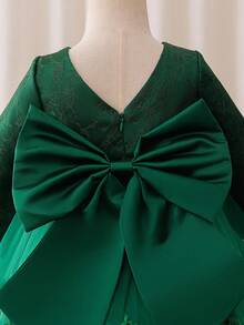 Glamorique Kids 圣诞节女婴连衣裙、冬季派对连衣裙、圣诞老人连衣裙、新年连衣裙、秋季连衣裙 - 女婴蕾丝网眼泡泡袖公主裙，背部饰有大蝴蝶结，翠绿色 - 綠色 - 查看 3