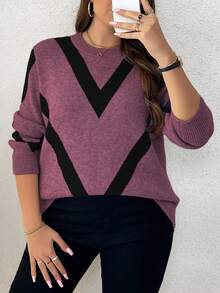Elenzga Plus Size Women Casual Fashionable Slimming Round Neck Long Sleeve Jacquard Knit Pullover Sweater, Autumn/Winter - Red Violet - View 5