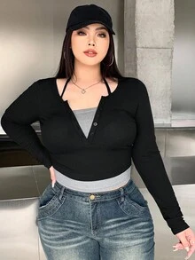 DAZY Áo thun tay dài cài nút phía trước cỡ lớn mùa hè - màu đen - Xem 4