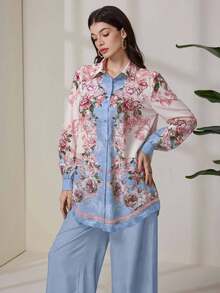 Seusyu 2pcs Women Vintage Flower Print Blouse And Pants Set - Blue - View 3