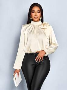 SOLERSUN Damen Mode Temperament elegante Satin einfarbige hochwertige Schleife Tasche Saum Laternenhülse Bluse - Champagnerfarben - Übersicht 6