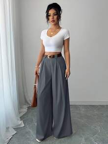 Elenzga 休闲高腰纯色杏色裤裙，优雅款式，适合日常和工作穿着，毕业季，复古音乐节，德比，独立日 - 灰色 - 查看 4