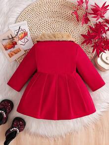 SHEIN Baby Girls' Faux Fur Collar Bow Decor Trench Coat, Autumn/Winter Fall - Multicolor - View 2