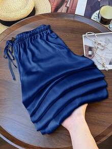 SHEIN LUNE 女士休闲亮面缎面低腰阔腿裤，适合简约休闲和通勤穿搭，春夏缎面裤，女士蓝色休闲裤 - 藍色 - 查看 2