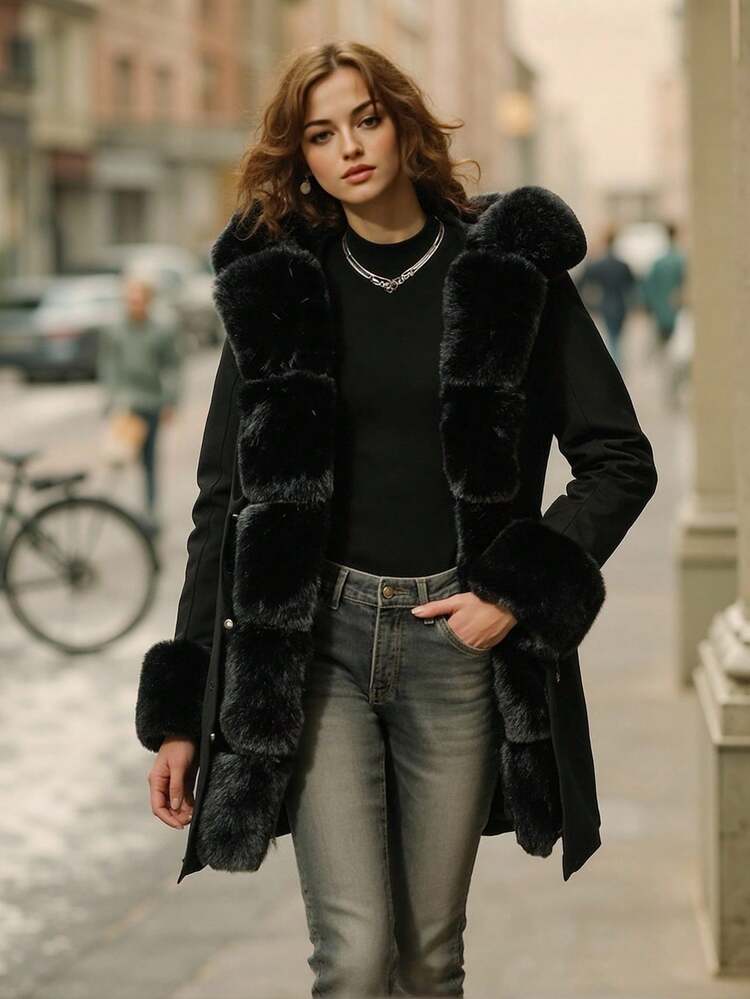 Abrigo parka para mujer con cuello de piel mullida y larga, cintura ceñida y forro