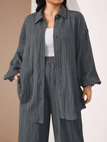 Veilorie 2pcs Plus Size Plain Front Button Long Sleeve Casual Blouse And Pants Set 2 Pieces Set - Grey - View 6