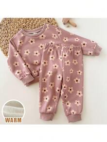 Loomiva 2pcs Baby Girl Floral Print Knit Soft Crew Neck Long Sleeve Sweatshirt And Elastic Waist Pants Set Flower Two Piece Set Toddler Baby Flower Outfit Fall Winter - Pink - View 6