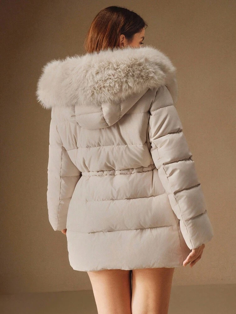 Plus Size Women Luxury Faux Fur Hooded Waist Cinched Elegant Mid-Length Coat
