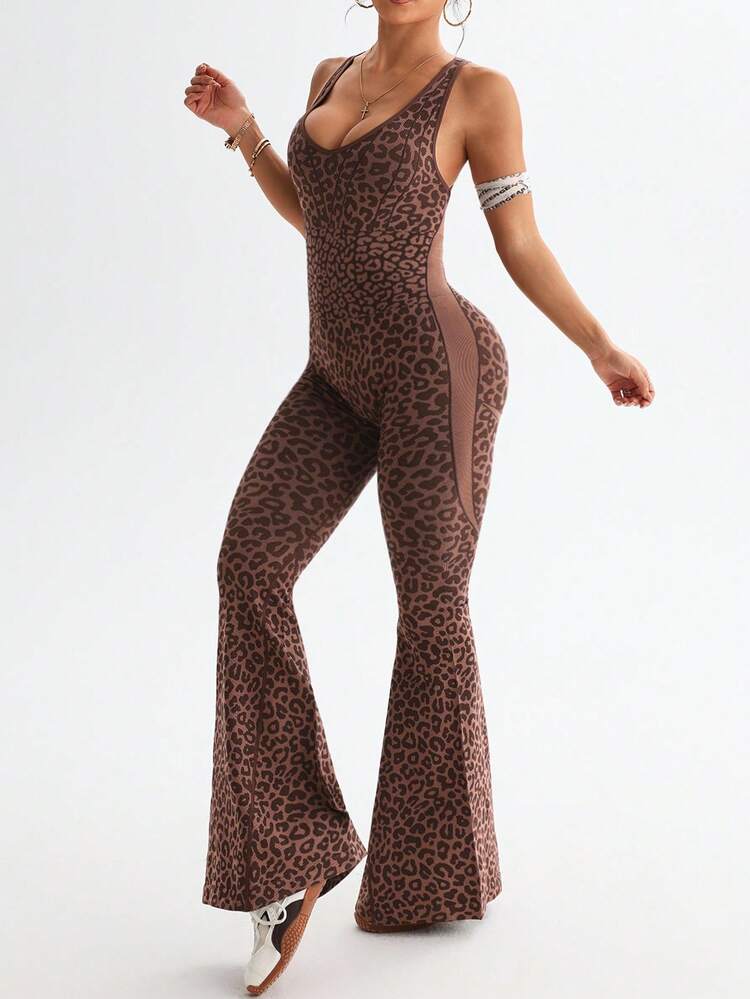 Rhythm Era 1 件女式加大码无缝性感豹纹深 V 领扭背瑜伽健身运动吊带背心和喇叭连体裤 - 咖啡棕 - 查看 5