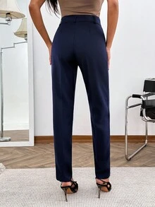 EURMUSE Women's Navy Blue Seam Button Front Elegant Suit Pants - Navy Blue - View 2