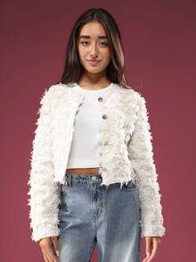 SUMWON Luxury Textured Fringe Tweed Jacket Cropped Button Up Blazer Inspired Evening Party Special Occasion Holiday Fashion Statement Piece - Beige - View 6