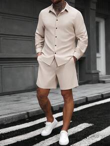 Manfinity Homme 男士夏季花卉拼布袖口单排扣衬衫和短裤休闲西装，秋季服装 - 米色 - 查看 6