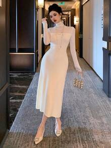 DAZY 女式高领修身毛衣裙，秋冬款 - 米色 - 查看 8