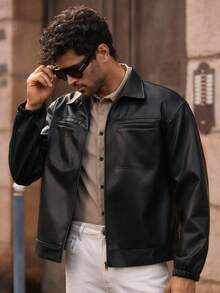 EASEVO 加大码男士休闲时尚街头风PU皮革拼接口袋拉链夹克，秋季款 - 黑色 - 查看 3