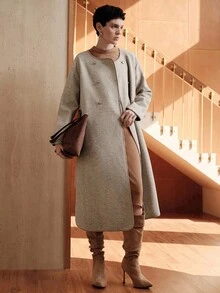 Uhlyne 金属扣环腰带圆领简约欧美风夹克，秋冬新款 - 淺灰色 - 查看 6