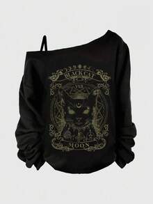 ROMWE Goth Sudadera holgada con hombros oblicuos de gato negro para mujer de talla grande en Halloween - Negro - Ver 1