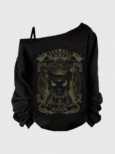 ROMWE Goth Plus Size Women Black Cat Halloween Oblique Shoulder Loose Sweatshirt