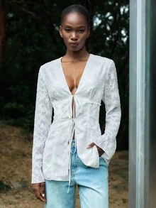 Lumivelle Women's Autumn V-Neck Jacquard Fabric Bow Tie Blouse