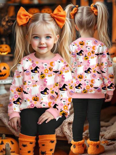 SHEIN Happikins Cream Pink Pumpkin Color, Super Cute Mini Pumpkin & Ghost Floral Pattern, Adorable Witch & Fairy, Pink Autumn Vibe, Baby Girl Casual Knit Soft Thick Crew Neck Long Sleeve Sweatshirt And Leggings Set, Suitable For Autumn/Winter Fall