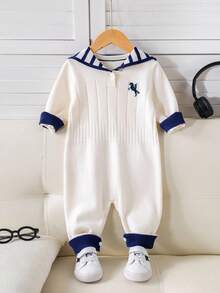 SHEIN Unisex Baby Cute Navy Striped Long Sleeve Sweater Romper, Autumn/Winter Baby Clothes Baby Boy Nautical Romper Preppy Baby Boy Clothes Infant Sweater Romper Boy Fall - Multicolor - View 9