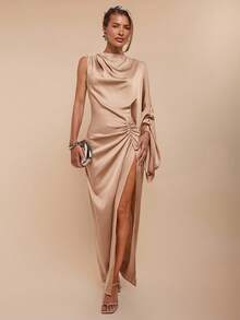 COSMINA Vestido elegante de fiesta de unicolor con abertura alta para mujer - Albaricoque - Ver 1