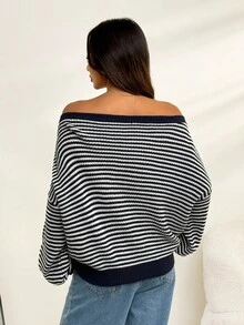 SHEIN PETITE Áo len trễ vai họa tiết sọc ấm áp cho mùa thu đông - Nhiều màu - Xem 2