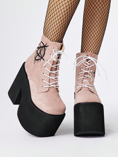 Goth Stivali corti da donna con suola spessa da 14,5 cm, impermeabili, con chiusura laterale a zip, punta tonda, tacco chunky da 14,5 cm, stile punk con ricamo a stella rotonda,  nero e bordeaux, adatti per esibizioni sul palco, con tacco a zeppa, rosa