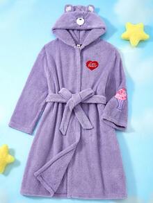 SHEIN X Care Bears 加大码卡通刺绣连帽浴袍，腰部系带，长袖浴袍，蓬松柔软的冬季圣诞紫色珊瑚绒保暖浴袍，舒适保暖