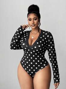 Maweii Completo da donna taglie forti in 2 pezzi: top a maniche lunghe con scollo a V a pois e gonna lunga con volant a contrasto e spacco alto, autunnale - Bianco e nero - Visualizzare 4