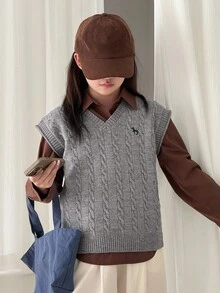 Dazy Kids 少女独角兽图案针织V领休闲背心，秋季 - 灰色 - 查看 3